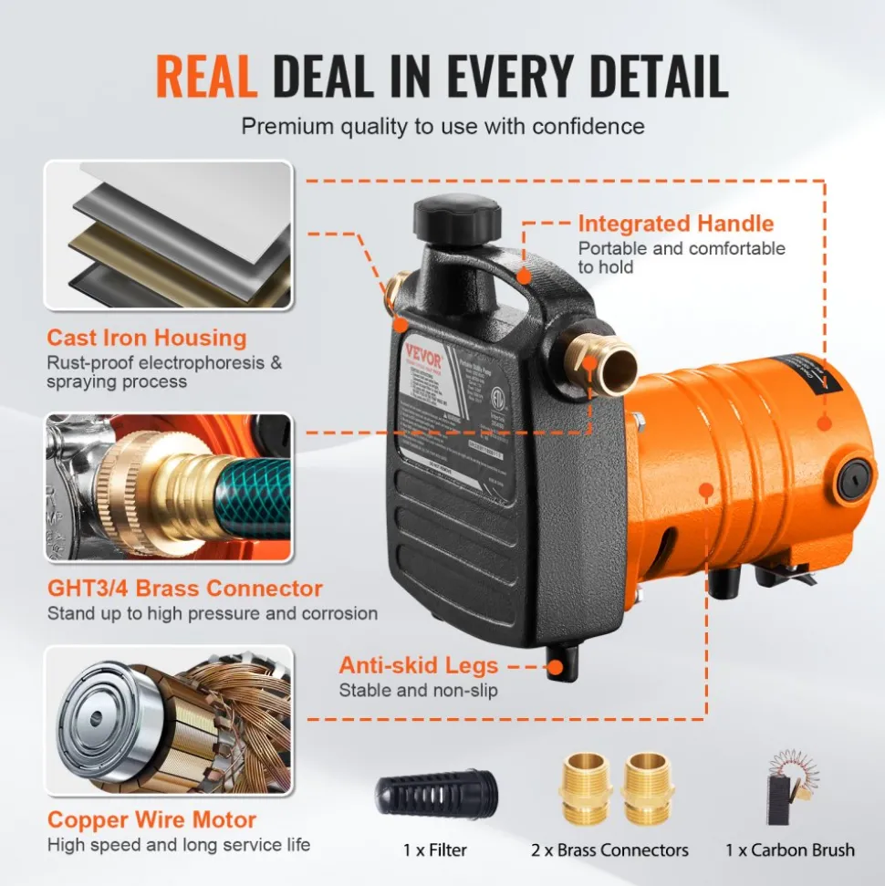 VEVOR Cast Iron Water Transfer Pump, 115V AC 1600 GPH 1/2HP, Portable Electric Utility Pump with Carbon Brush, Filter, Brass Connectors, for Garden, Rain Barrel, Pool, Pond, Hot Tub, Aquarium Draining
