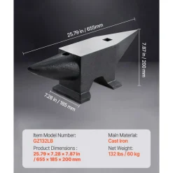 VEVOR Cast Steel Anvil, 132 Lbs(60kg) Single Horn Anvil with Large Countertop and Stable Base, High Hardness Rugged Round Horn Anvil Blacksmith, for Bending, Shaping