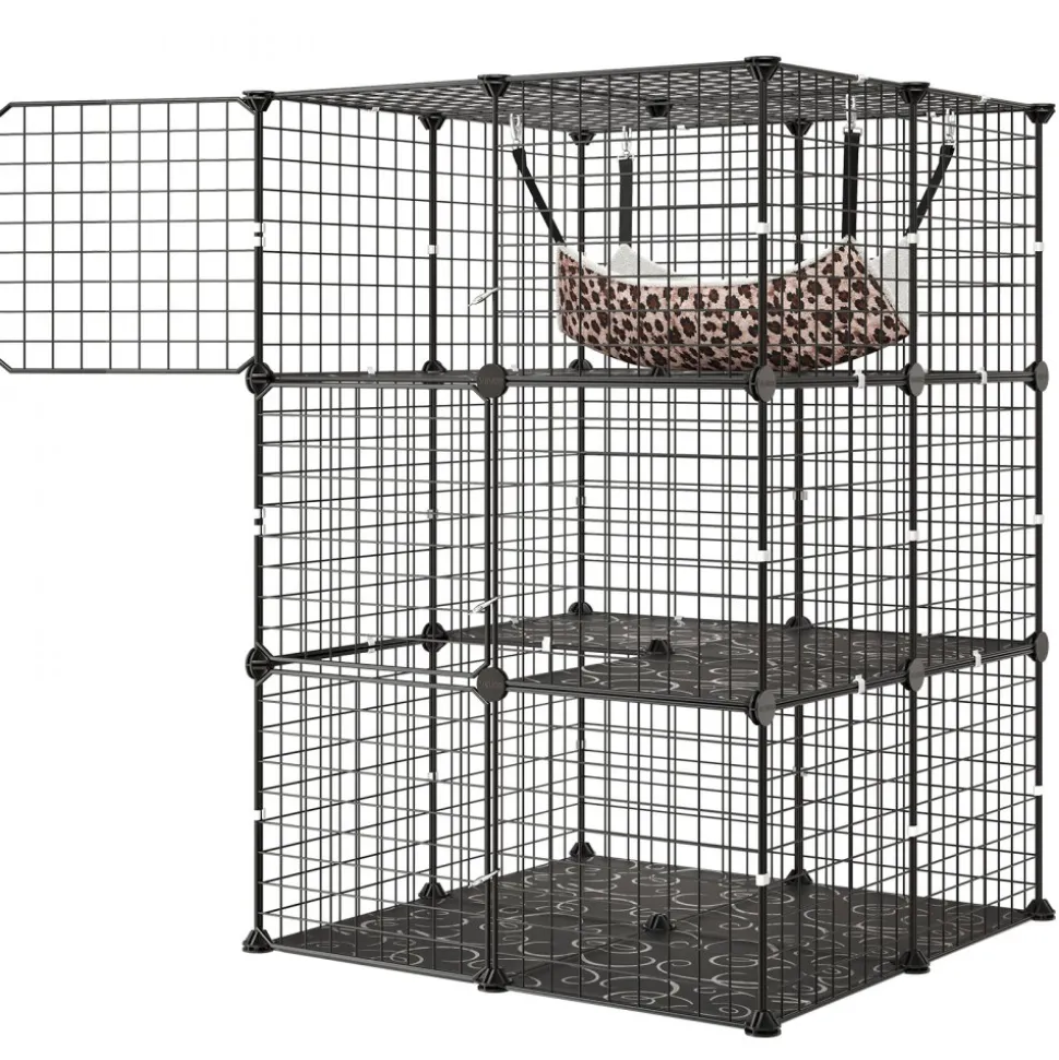 VEVOR Cat Cage 3-Tier 27.99"x27.99"x40.98" DIY Cat Playpen with Hammock, Indoor Enclosure Detachable Metal Wire Kennel Crate, Large Exercise Place Ideal for 1-2 Cats, Kittens & Small Animals, Black