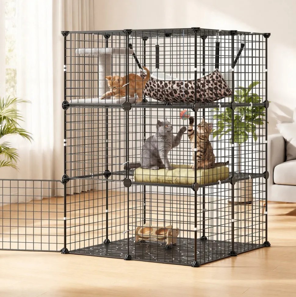 VEVOR Cat Cage 3-Tier 27.99"x27.99"x40.98" DIY Cat Playpen with Hammock, Indoor Enclosure Detachable Metal Wire Kennel Crate, Large Exercise Place Ideal for 1-2 Cats, Kittens & Small Animals, Black