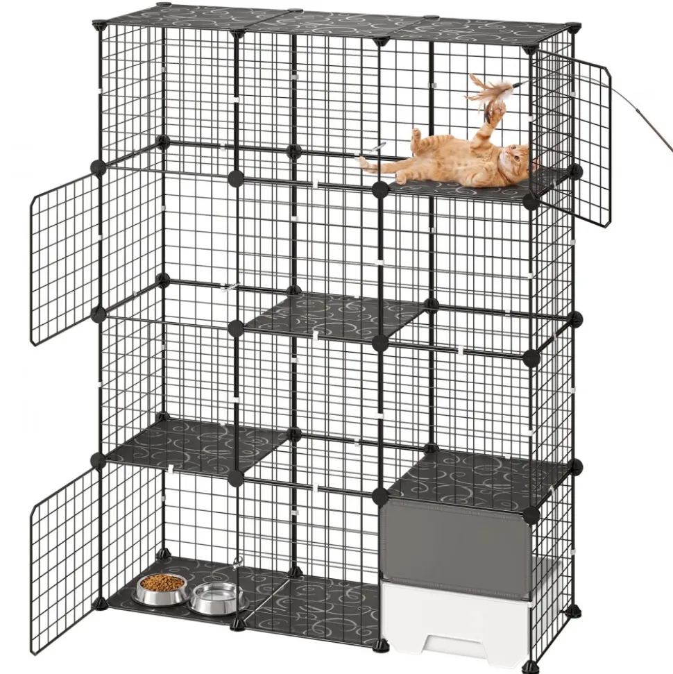 VEVOR Cat Cage 4-Tier 40.98"x13.98"x55" DIY Cat Playpen with Litter Box, Indoor Enclosure Detachable Metal Wire Kennel Crate, Large Exercise Place for 1-2 Cats, Kittens, Ferret, Small Animals, Black