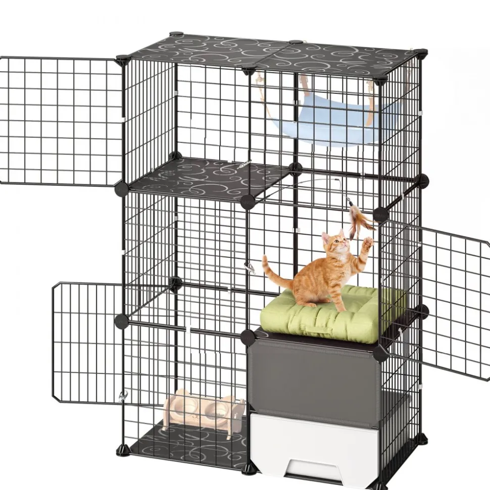 VEVOR Cat Cage 3-Tier 28"x17.91"x40.98" DIY Cat Playpen with Litter Box, Indoor Enclosure Detachable Metal Wire Kennel Crate, Large Exercise Place Ideal for 1-2 Cats, Kittens & Small Animals, Black