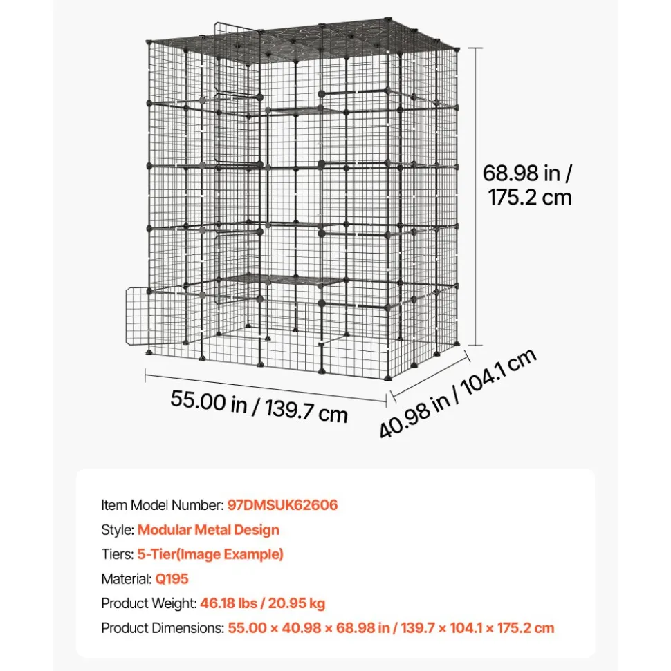 VEVOR Cat Cage 5-Tier 55"x40.98"x68.98" DIY Cat Playpen Indoor Enclosure, Detachable Metal Wire Kennel Crate with 5 Doors, Large Exercise Place Ideal for 2-3 Cats, Kittens and Small Animals, Black