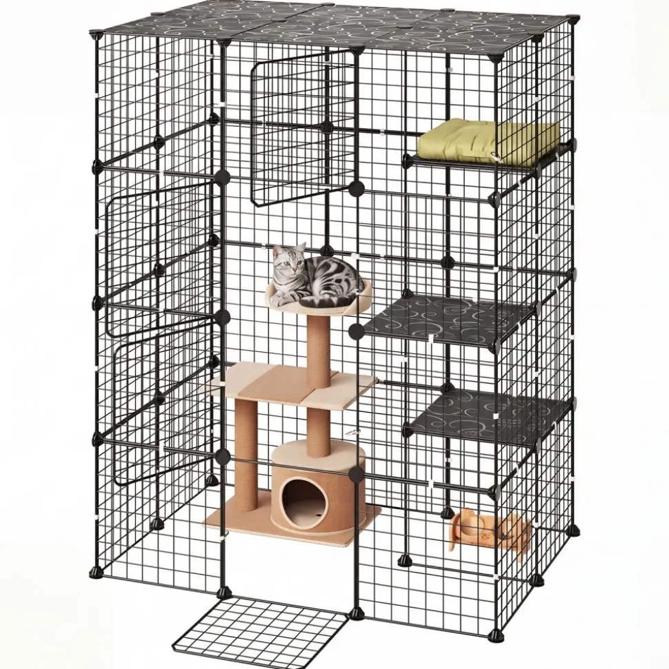VEVOR Cat Cage 4-Tier 40.98"x27.99"x55" DIY Cat Playpen Indoor Enclosure, Detachable Metal Wire Kennel Crate with 4 Doors, Large Exercise Place Ideal for 1-2 Cats, Kittens and Small Animals, Black