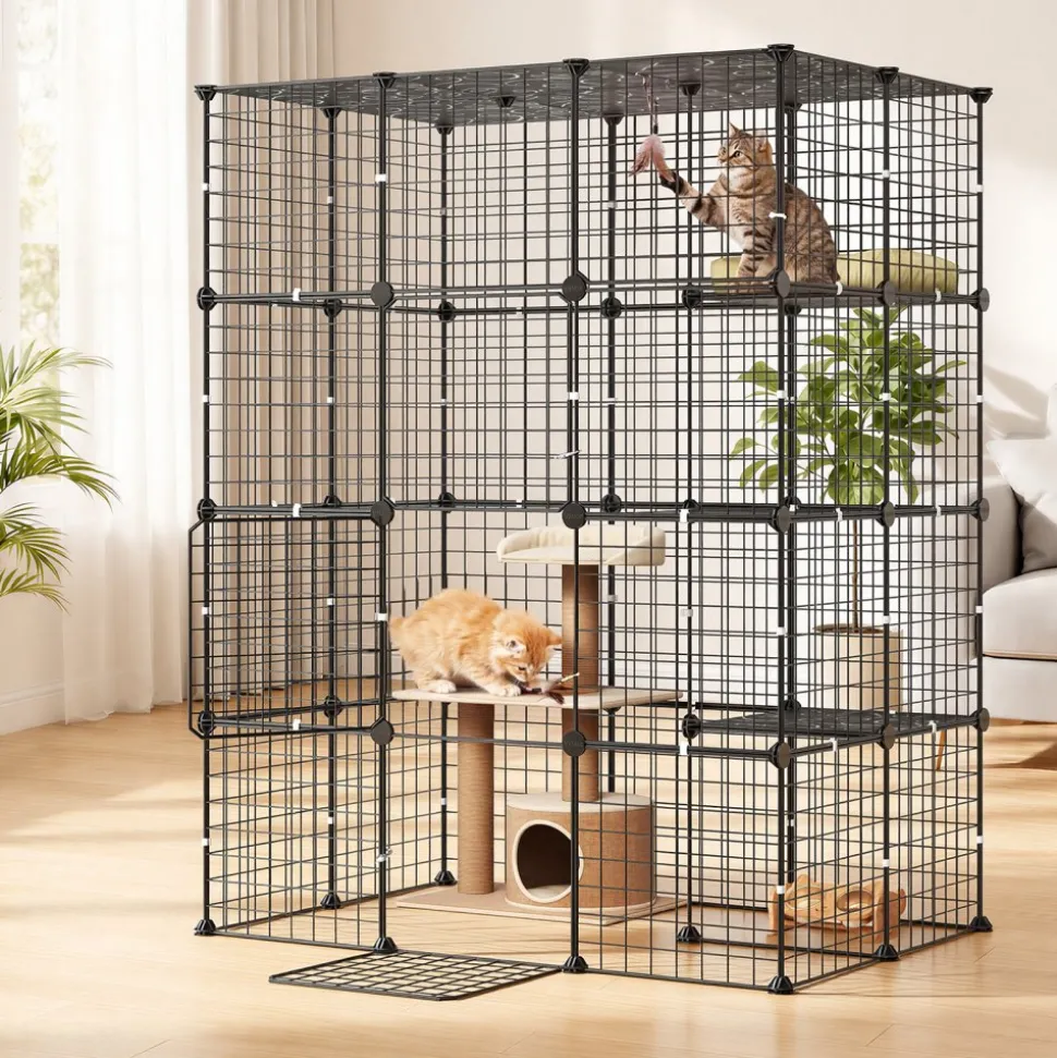 VEVOR Cat Cage 4-Tier 40.98"x27.99"x55" DIY Cat Playpen Indoor Enclosure, Detachable Metal Wire Kennel Crate with 4 Doors, Large Exercise Place Ideal for 1-2 Cats, Kittens and Small Animals, Black