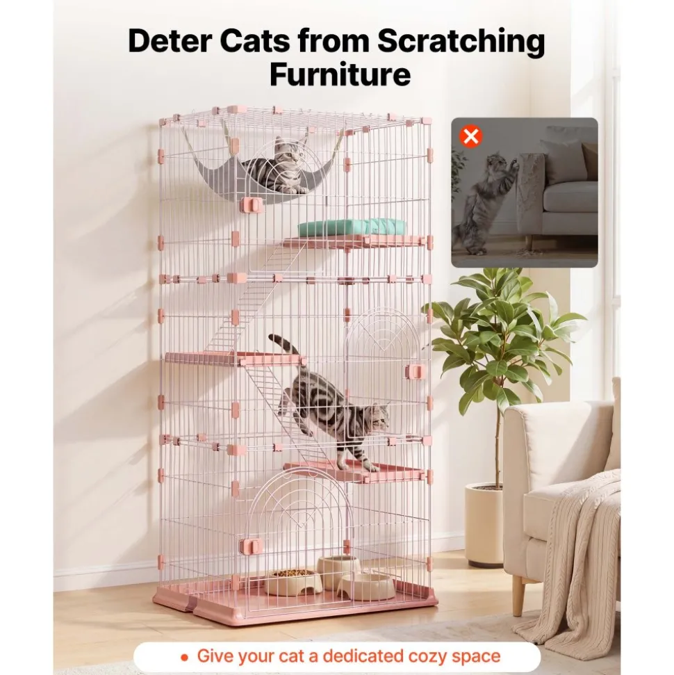 VEVOR Cat Cage 4-Tier 33.07"x23.82"x64.37" DIY Cat Playpen with Ladders, Indoor Enclosure Detachable Metal Wire Kennel Crate, Large Exercise Place for 1-2 Cats, Kittens, Ferrets, Small Animals, Pink