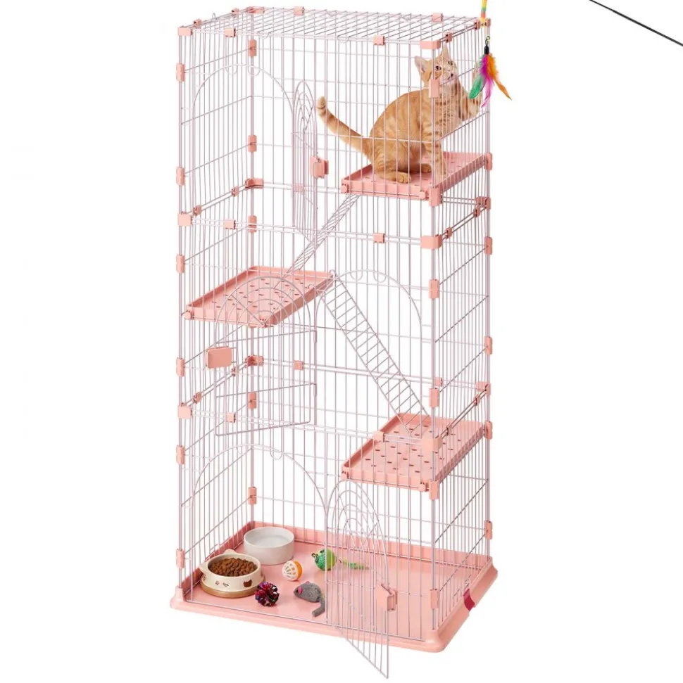 VEVOR Cat Cage 4-Tier 33.07"x23.82"x64.37" DIY Cat Playpen with Ladders, Indoor Enclosure Detachable Metal Wire Kennel Crate, Large Exercise Place for 1-2 Cats, Kittens, Ferrets, Small Animals, Pink