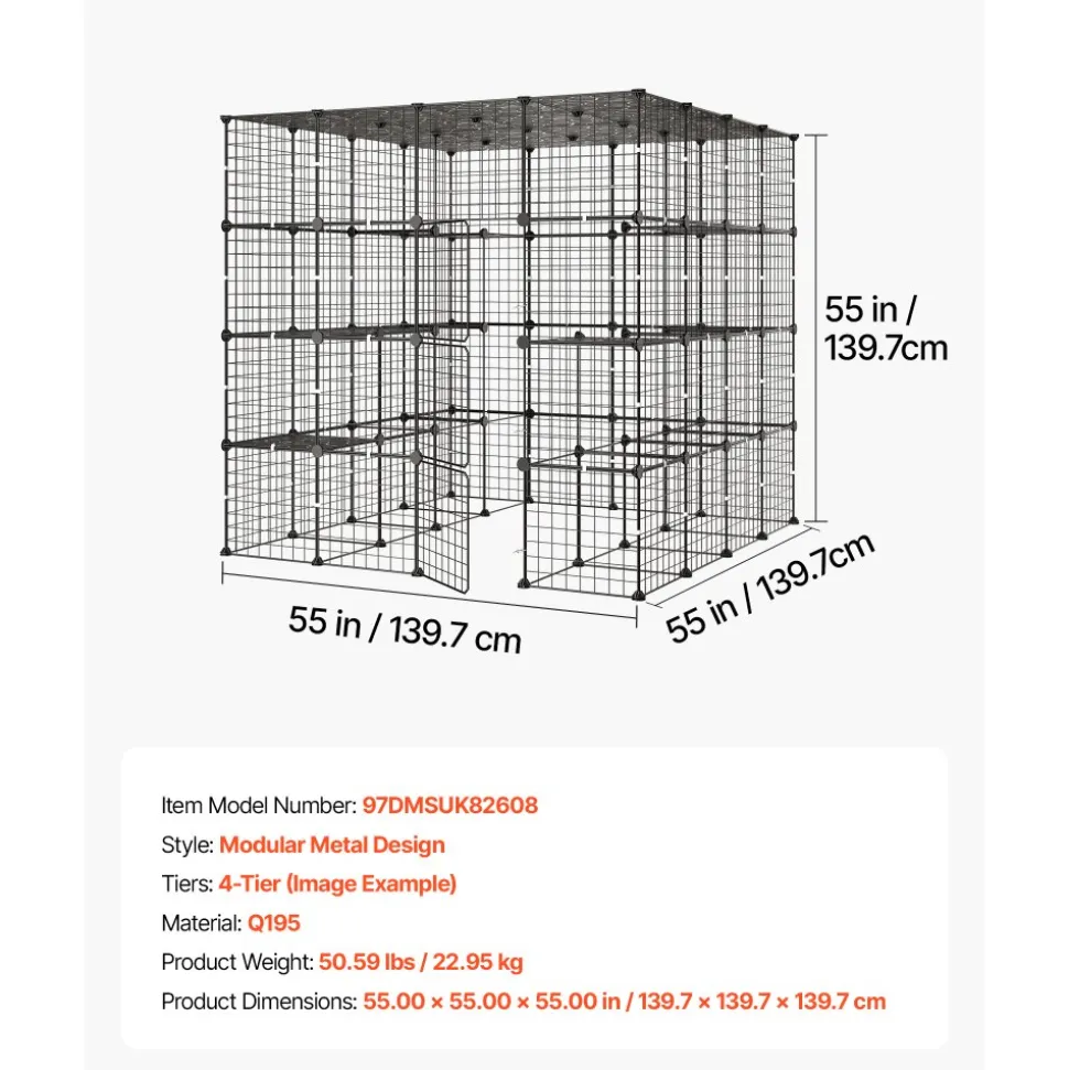 VEVOR Cat Cage 4-Tier 55"x55"x55" Large DIY Cat Playpen Indoor Enclosure, Detachable Metal Wire Kennel Crate with 3 Doors & Locks, Exercise Place Ideal for 2-3 Cats, Kittens and Small Animals, Black