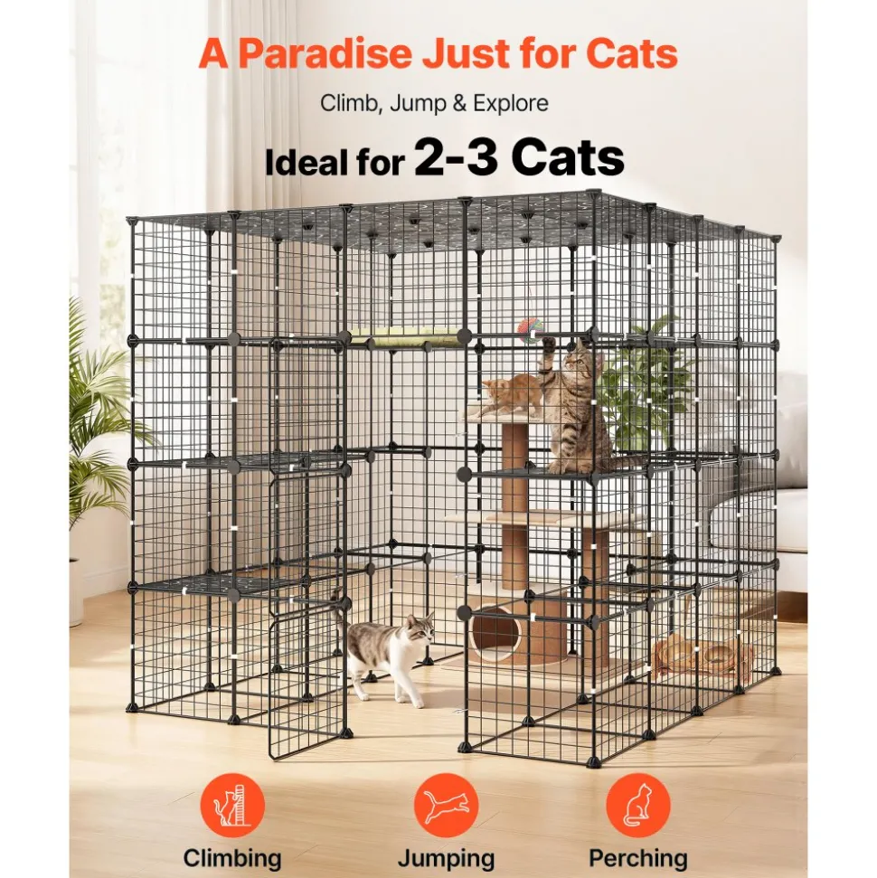 VEVOR Cat Cage 4-Tier 55"x55"x55" Large DIY Cat Playpen Indoor Enclosure, Detachable Metal Wire Kennel Crate with 3 Doors & Locks, Exercise Place Ideal for 2-3 Cats, Kittens and Small Animals, Black
