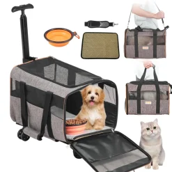 VEVOR Cat Carrier with Wheels, Airline Approved Rolling Pet Carrier with Telescopic Handle and Shoulder Strap, Dog Carrier with Wheels for Pets under 22 lbs, with 1 Folding Bowl, Grey