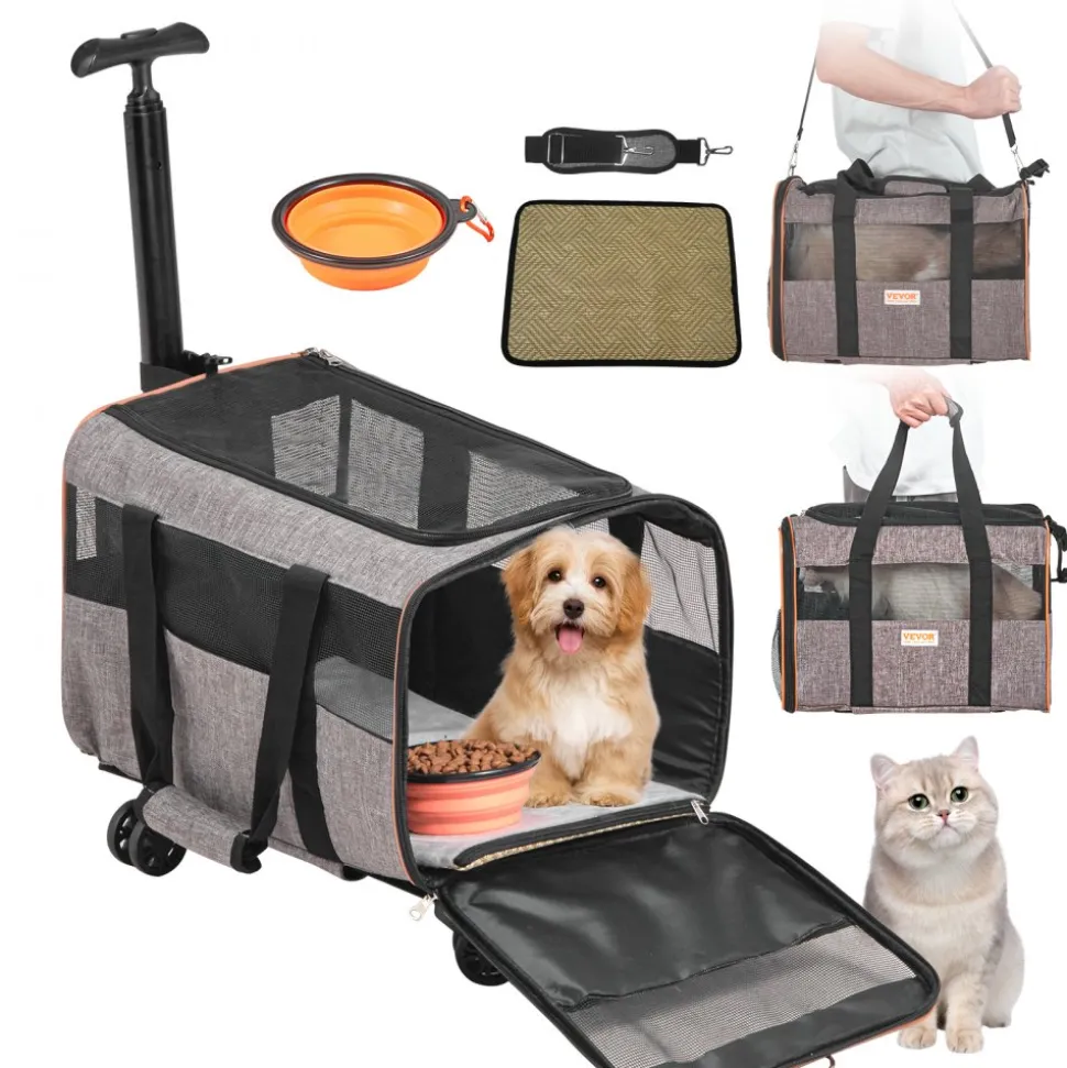 VEVOR Cat Carrier with Wheels, Airline Approved Rolling Pet Carrier with Telescopic Handle and Shoulder Strap, Dog Carrier with Wheels for Pets under 22 lbs, with 1 Folding Bowl, Grey