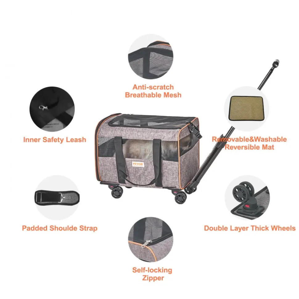 VEVOR Cat Carrier with Wheels, Airline Approved Rolling Pet Carrier with Telescopic Handle and Shoulder Strap, Dog Carrier with Wheels for Pets under 22 lbs, with 1 Folding Bowl, Grey
