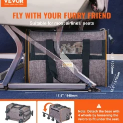 VEVOR Cat Carrier with Wheels, Airline Approved Rolling Pet Carrier with Telescopic Handle and Shoulder Strap, Dog Carrier with Wheels for Pets under 22 lbs, with 1 Folding Bowl, Grey
