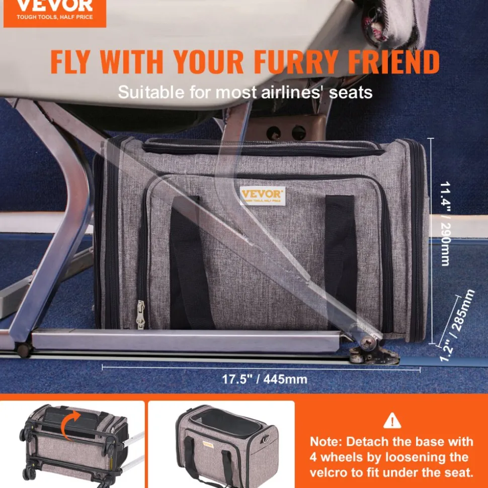 VEVOR Cat Carrier with Wheels, Airline Approved Rolling Pet Carrier with Telescopic Handle and Shoulder Strap, Dog Carrier with Wheels for Pets under 25 lbs, with 1 Folding Bowl, Grey