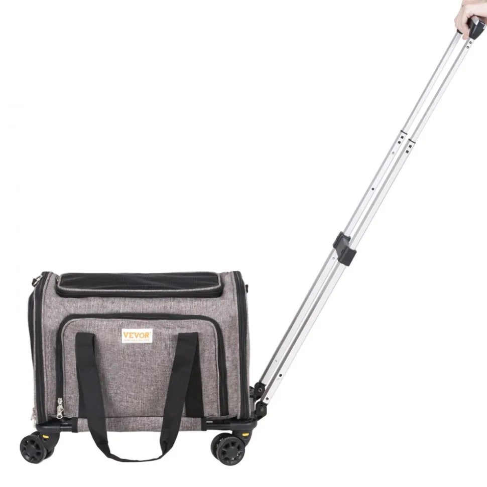 VEVOR Cat Carrier with Wheels, Airline Approved Rolling Pet Carrier with Telescopic Handle and Shoulder Strap, Dog Carrier with Wheels for Pets under 25 lbs, with 1 Folding Bowl, Grey