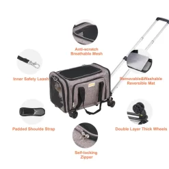 VEVOR Cat Carrier with Wheels, Airline Approved Rolling Pet Carrier with Telescopic Handle and Shoulder Strap, Dog Carrier with Wheels for Pets under 25 lbs, with 1 Folding Bowl, Grey