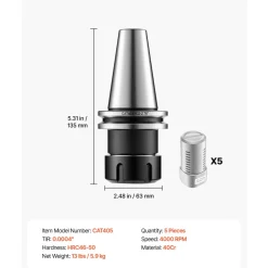 VEVOR CAT40 Collet Holder ER32 5 Piece Precision Spring Collet Chuck Set, for Milling Machine Drill Presses, 4000 RPM Max Speed, CAT40 Tool Holder Spring Collet with 0.0004" TIR, Labeled Storage Box