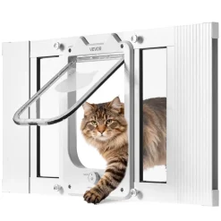 VEVOR Cat Door for Window, Adjustable to Fit Window Width 23"-28", 4 Secure Lock Modes, Aluminum Frame and High-Transparency Glass, Magnetic Closure, Weatherproof Quick-Fit Pet Door for Cats, White