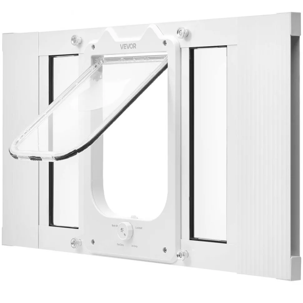 VEVOR Cat Door for Window, Adjustable to Fit Window Width 23"-28", 4 Secure Lock Modes, Aluminum Frame and High-Transparency Glass, Magnetic Closure, Weatherproof Quick-Fit Pet Door for Cats, White