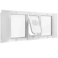 VEVOR Cat Door for Window, Adjustable to Fit Window Width 35"-40", 4 Secure Lock Modes, Aluminum Frame and High-Transparency Glass, Magnetic Closure, Weatherproof Quick-Fit Pet Door for Cats, White