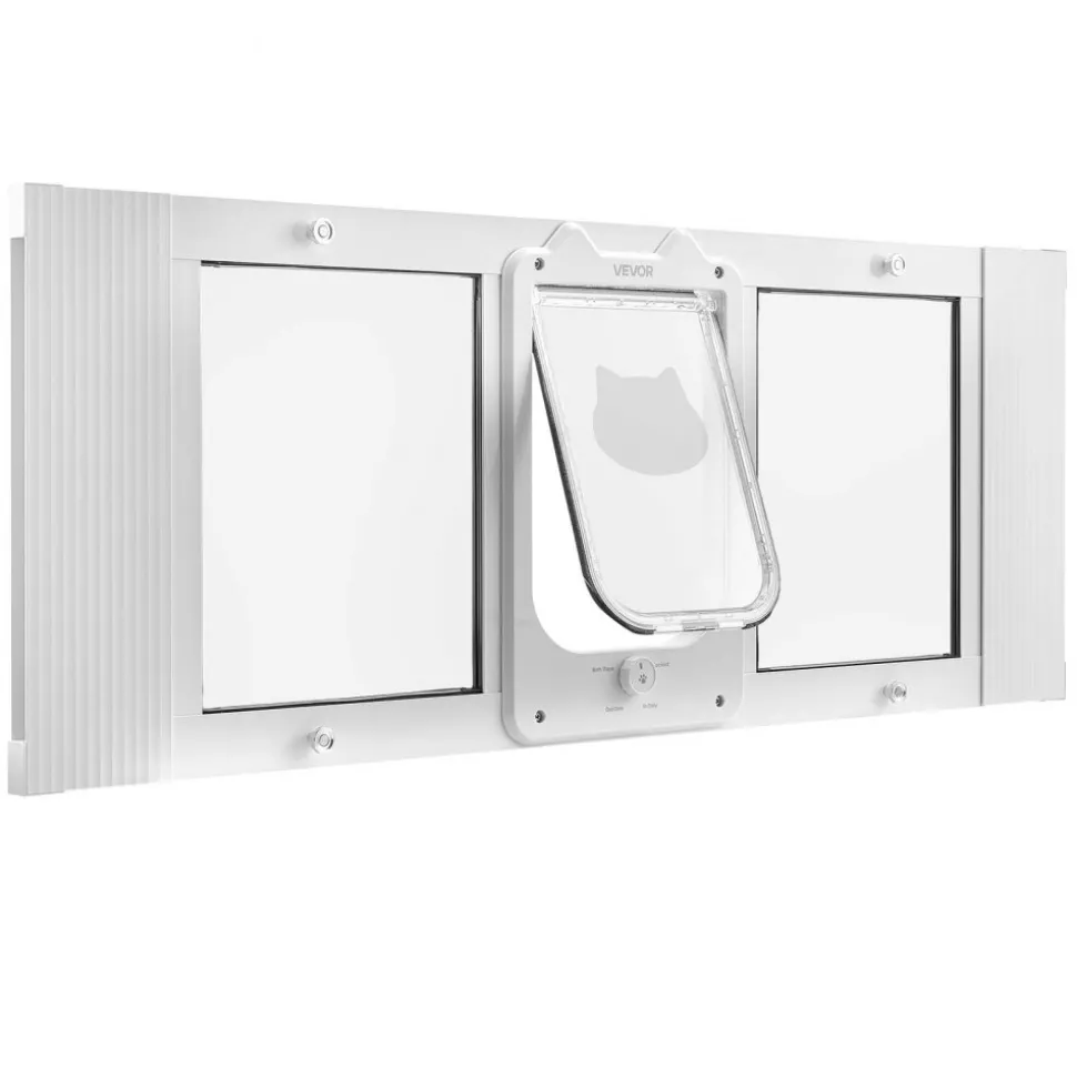 VEVOR Cat Door for Window, Adjustable to Fit Window Width 35"-40", 4 Secure Lock Modes, Aluminum Frame and High-Transparency Glass, Magnetic Closure, Weatherproof Quick-Fit Pet Door for Cats, White
