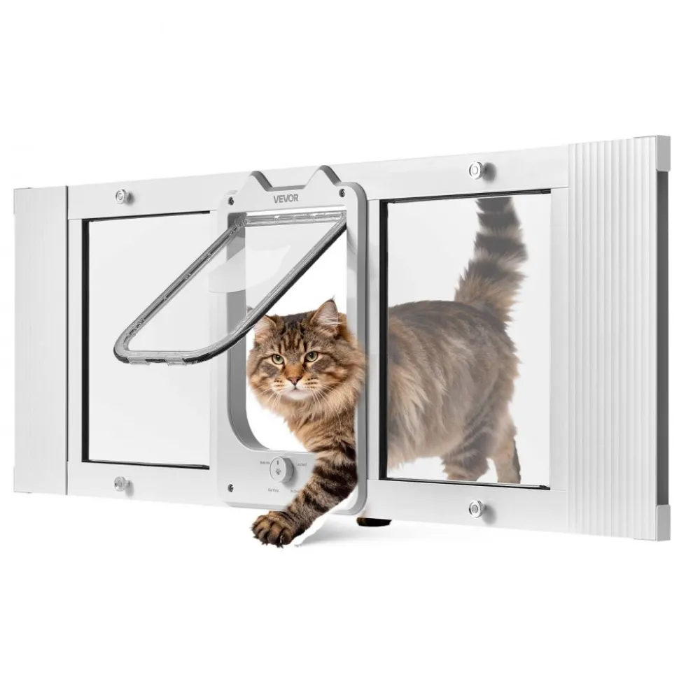 VEVOR Cat Door for Window, Adjustable to Fit Window Width 35"-40", 4 Secure Lock Modes, Aluminum Frame and High-Transparency Glass, Magnetic Closure, Weatherproof Quick-Fit Pet Door for Cats, White