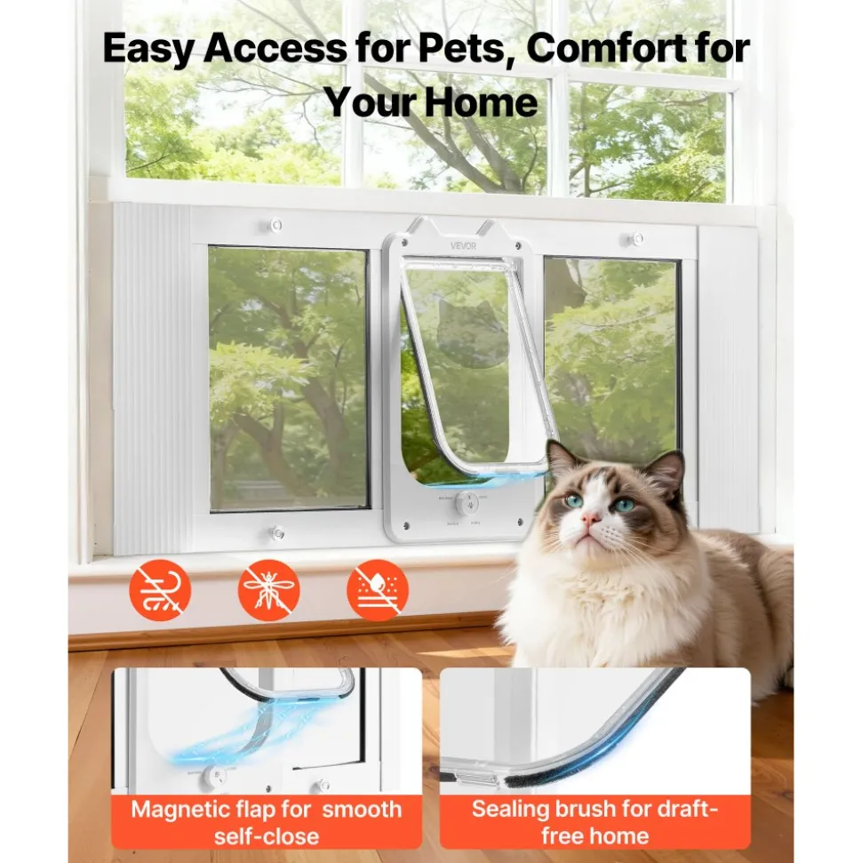 VEVOR Cat Door for Window, Adjustable to Fit Window Width 35"-40", 4 Secure Lock Modes, Aluminum Frame and High-Transparency Glass, Magnetic Closure, Weatherproof Quick-Fit Pet Door for Cats, White