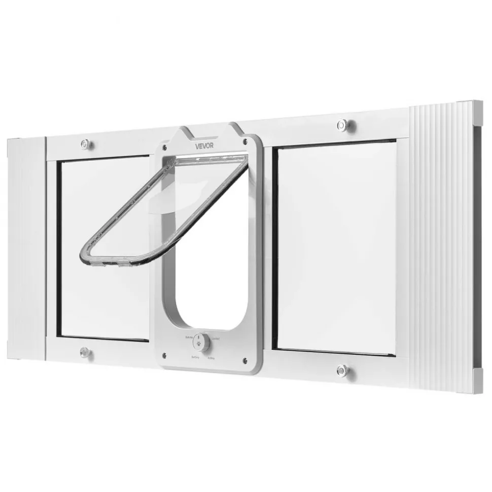 VEVOR Cat Door for Window, Adjustable to Fit Window Width 35"-40", 4 Secure Lock Modes, Aluminum Frame and High-Transparency Glass, Magnetic Closure, Weatherproof Quick-Fit Pet Door for Cats, White
