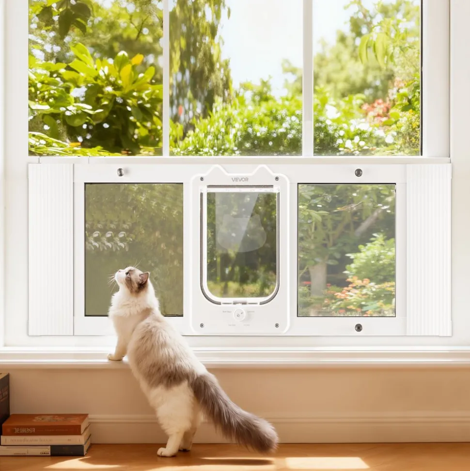 VEVOR Cat Door for Window, Adjustable to Fit Window Width 35"-40", 4 Secure Lock Modes, Aluminum Frame and High-Transparency Glass, Magnetic Closure, Weatherproof Quick-Fit Pet Door for Cats, White