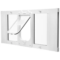 VEVOR Cat Door for Window, Adjustable to Fit Window Width 31"-36", 4 Secure Lock Modes, Aluminum Frame and High-Transparency Glass, Magnetic Closure, Weatherproof Quick-Fit Pet Door for Cats, White
