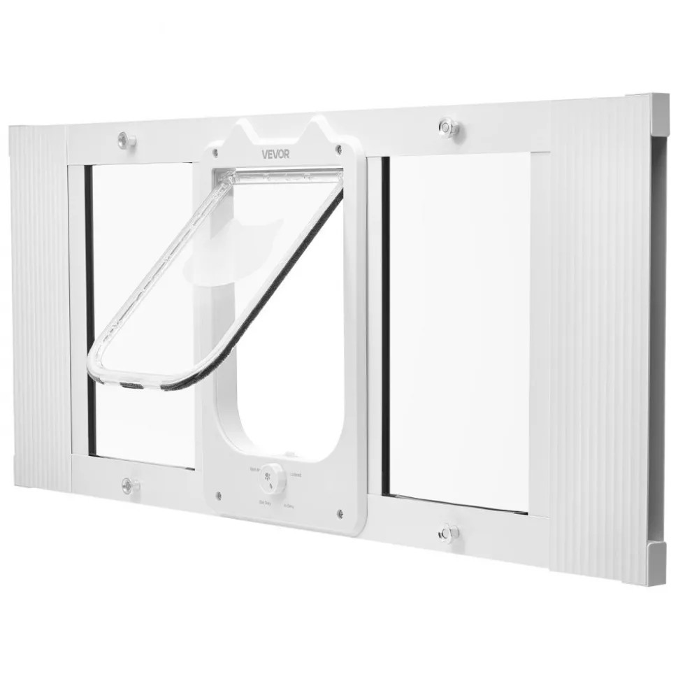 VEVOR Cat Door for Window, Adjustable to Fit Window Width 31"-36", 4 Secure Lock Modes, Aluminum Frame and High-Transparency Glass, Magnetic Closure, Weatherproof Quick-Fit Pet Door for Cats, White