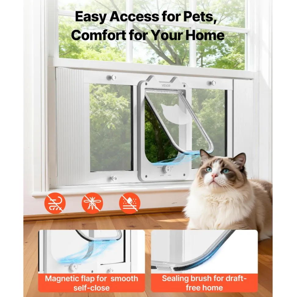 VEVOR Cat Door for Window, Adjustable to Fit Window Width 31"-36", 4 Secure Lock Modes, Aluminum Frame and High-Transparency Glass, Magnetic Closure, Weatherproof Quick-Fit Pet Door for Cats, White