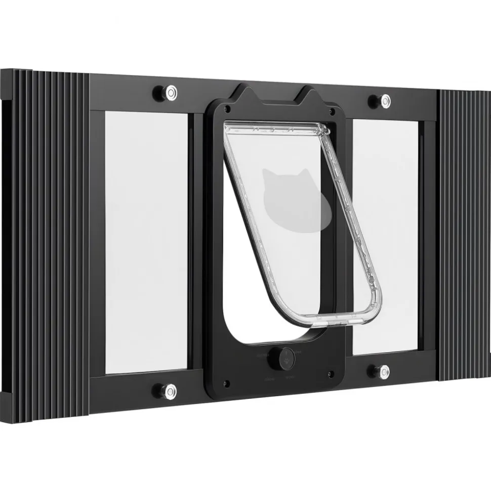 VEVOR Cat Door for Window, Adjustable to Fit Window Width 27"-32", 4 Secure Lock Modes, Aluminum Frame and High-Transparency Glass, Magnetic Closure, Weatherproof Quick-Fit Pet Door for Cats, Black