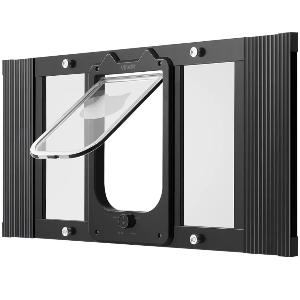 VEVOR Cat Door for Window, Adjustable to Fit Window Width 27"-32", 4 Secure Lock Modes, Aluminum Frame and High-Transparency Glass, Magnetic Closure, Weatherproof Quick-Fit Pet Door for Cats, Black