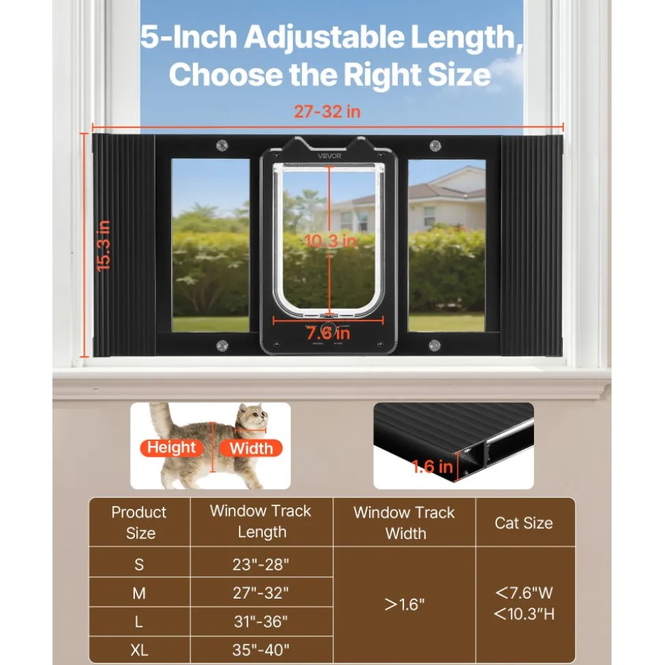 VEVOR Cat Door for Window, Adjustable to Fit Window Width 27"-32", 4 Secure Lock Modes, Aluminum Frame and High-Transparency Glass, Magnetic Closure, Weatherproof Quick-Fit Pet Door for Cats, Black