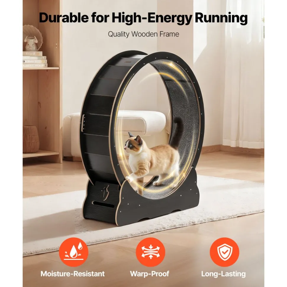 VEVOR Cat Exercise Wheel, 48 in Wooden Cat Running Wheel for Indoor Cats up to 28 lbs, Cats Treadmill with Carpeted Runway & Locking Mechanism, Quiet Kitten Sport Toys for Pets Fitness & Health, Black