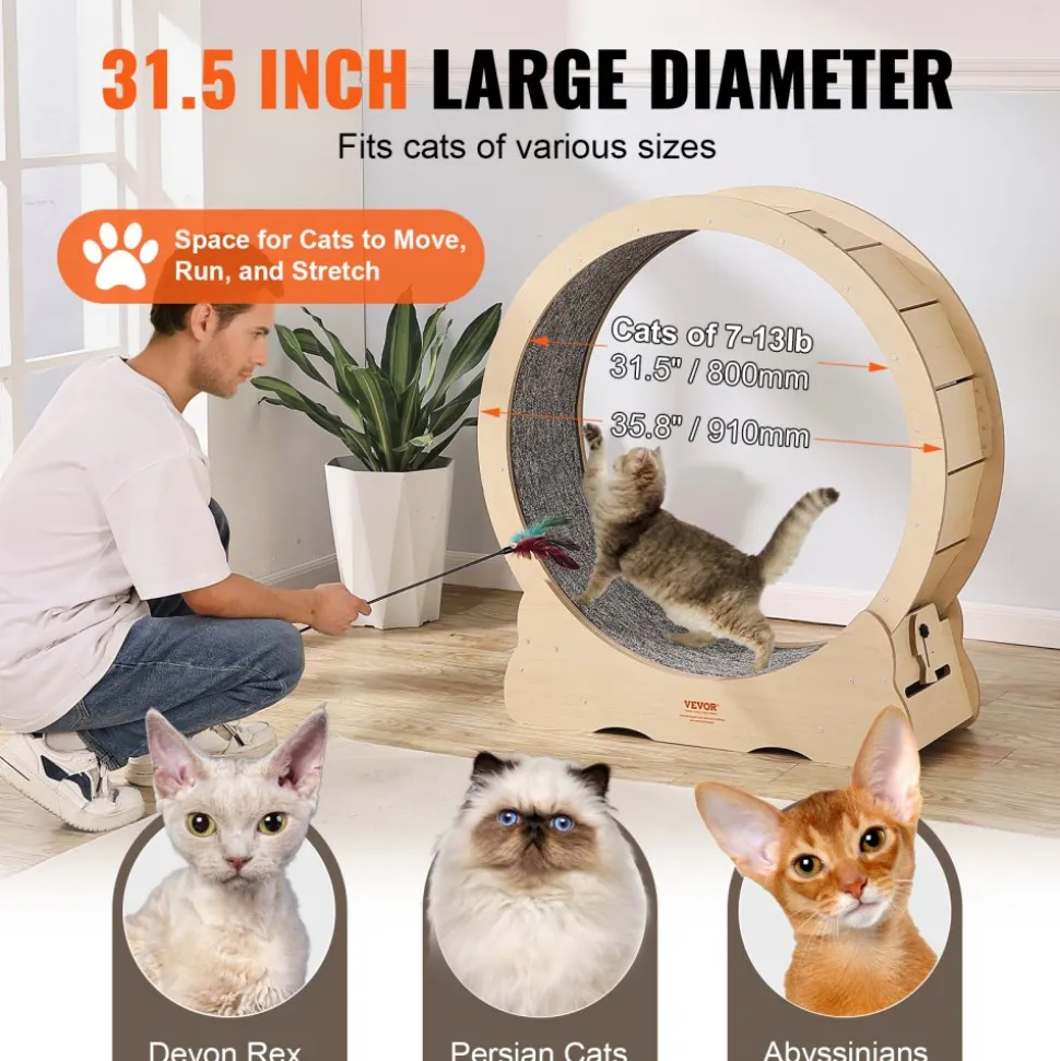 VEVOR Cat Exercise Wheel, Large Cat Treadmill Wheel for Indoor Cats, 35.8 inch Cat Running Wheel with Detachable Carpet and Cat Teaser for Running/Walking/Training, Suitable for Most Cats