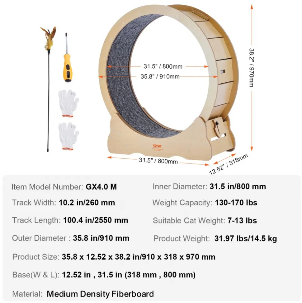 VEVOR Cat Exercise Wheel, Large Cat Treadmill Wheel for Indoor Cats, 35.8 inch Cat Running Wheel with Detachable Carpet and Cat Teaser for Running/Walking/Training, Suitable for Most Cats