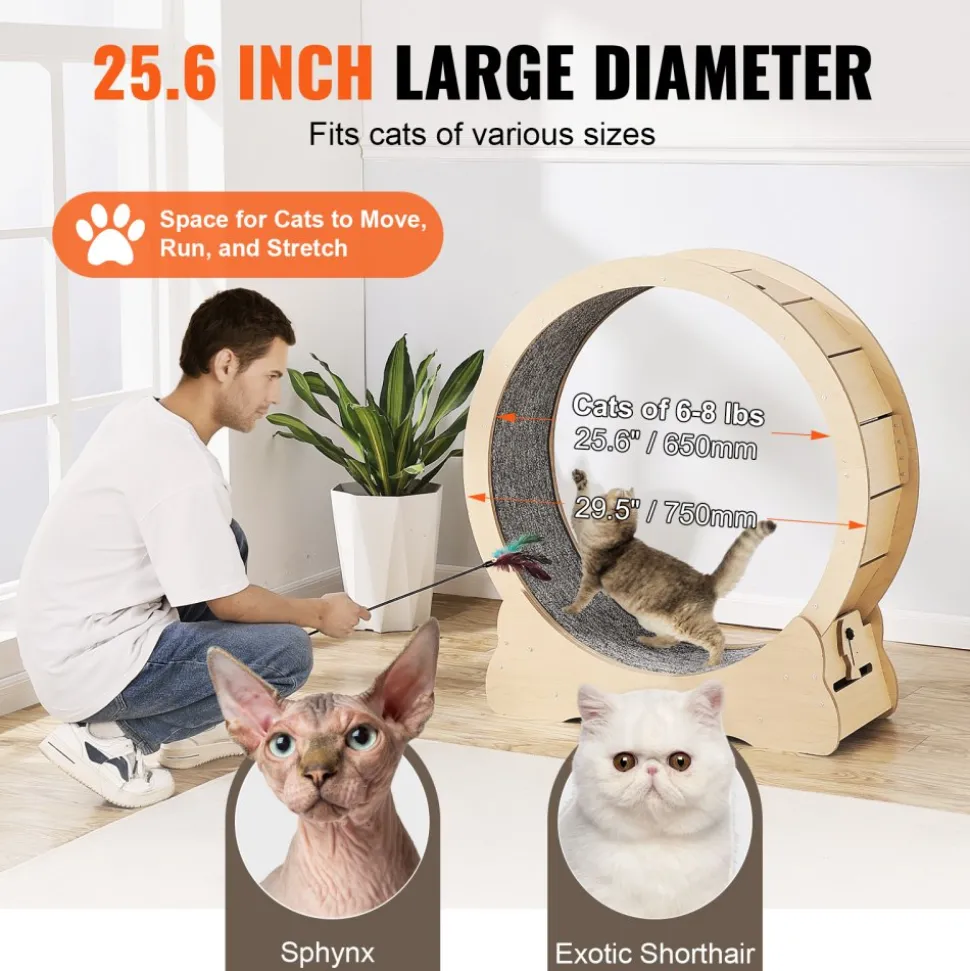 VEVOR Cat Exercise Wheel, Large Cat Treadmill Wheel for Indoor Cats, 29.5 inch Cat Running Wheel with Detachable Carpet and Cat Teaser for Running/Walking/Training, Suitable for Most Cats