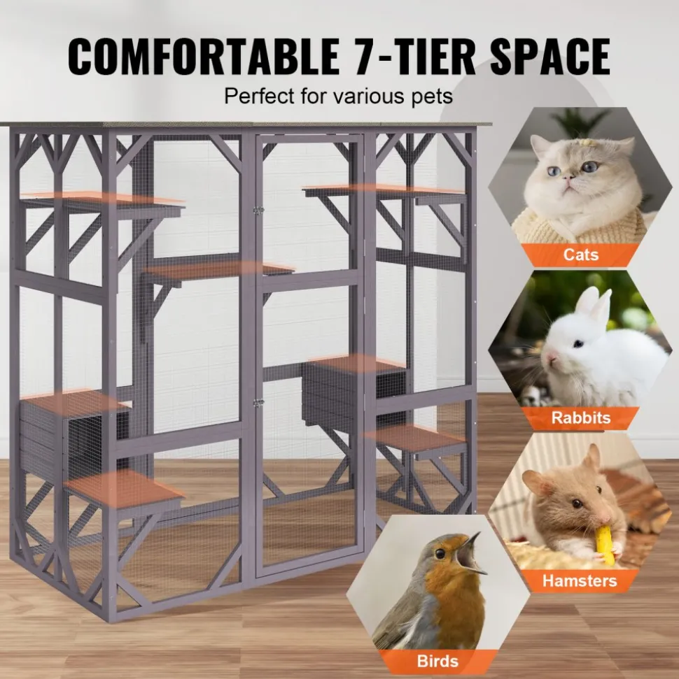 VEVOR Cat House Outdoor, 7-Tier Large Catio, Cat Enclosure with 5 Platforms, 2 Resting Boxes & Large Front Door, 71.2 x 34.6 x 66.5 inch
