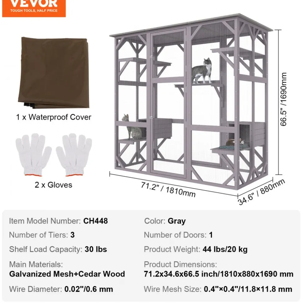 VEVOR Cat House Outdoor, 7-Tier Large Catio, Cat Enclosure with 5 Platforms, 2 Resting Boxes & Large Front Door, 71.2 x 34.6 x 66.5 inch