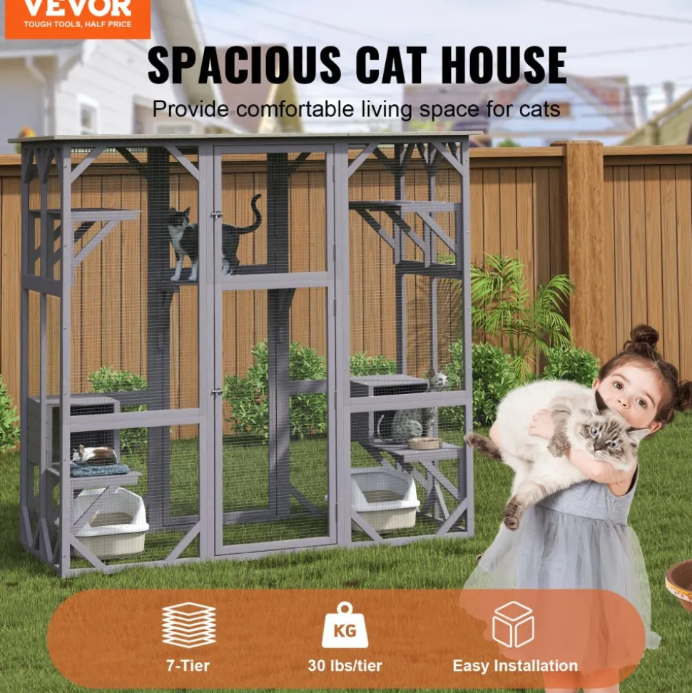 VEVOR Cat House Outdoor, 7-Tier Large Catio, Cat Enclosure with 5 Platforms, 2 Resting Boxes & Large Front Door, 71.2 x 34.6 x 66.5 inch