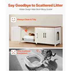 VEVOR Cat Litter Box Enclosure for Multi Cats, 47.2 in Hidden Litter Box Cabinet with 4 Doors & 2 Entries, Indoor Cat Washroom, Wooden Kitty House Furniture, Fit Most Litterboxes, Brown & White