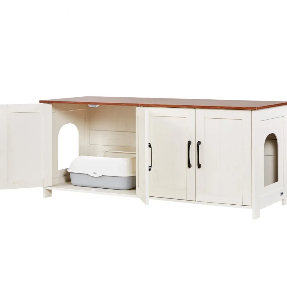VEVOR Cat Litter Box Enclosure for Multi Cats, 47.2 in Hidden Litter Box Cabinet with 4 Doors & 2 Entries, Indoor Cat Washroom, Wooden Kitty House Furniture, Fit Most Litterboxes, Brown & White
