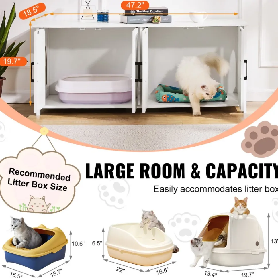 VEVOR Cat Litter Box Enclosure for 2 Cats, Litter Box Furniture Hidden with Double Rooms, Wooden Cat Box Cabinet Fit Most of Litter Box, 47.2"L x 18.5"W x 19.7"H, White