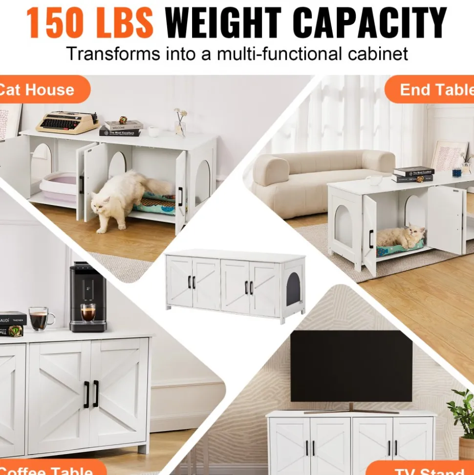 VEVOR Cat Litter Box Enclosure for 2 Cats, Litter Box Furniture Hidden with Double Rooms, Wooden Cat Box Cabinet Fit Most of Litter Box, 47.2"L x 18.5"W x 19.7"H, White
