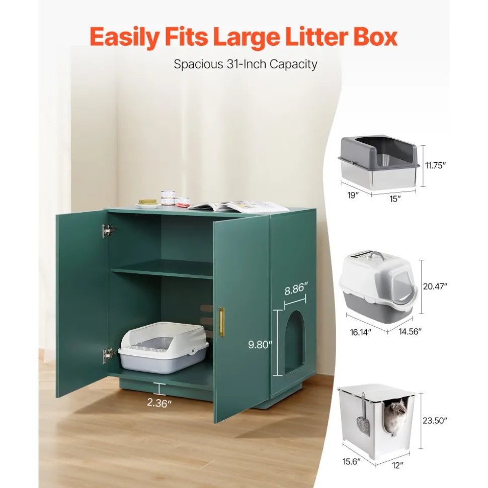 VEVOR Cat Litter Box Enclosure, 31.5 in Hidden Litter Box Cabinet, Wooden Indoor Cat Washroom with Ventilated Holes, Double-Door Kitty Pet House Furniture, End Side Table Fit Most Litterboxes