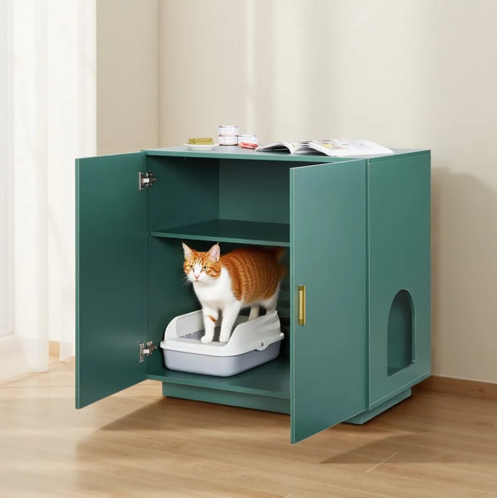 VEVOR Cat Litter Box Enclosure, 31.5 in Hidden Litter Box Cabinet, Wooden Indoor Cat Washroom with Ventilated Holes, Double-Door Kitty Pet House Furniture, End Side Table Fit Most Litterboxes
