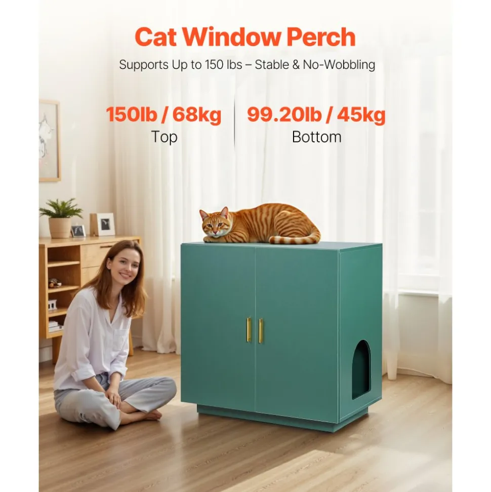 VEVOR Cat Litter Box Enclosure, 31.5 in Hidden Litter Box Cabinet, Wooden Indoor Cat Washroom with Ventilated Holes, Double-Door Kitty Pet House Furniture, End Side Table Fit Most Litterboxes