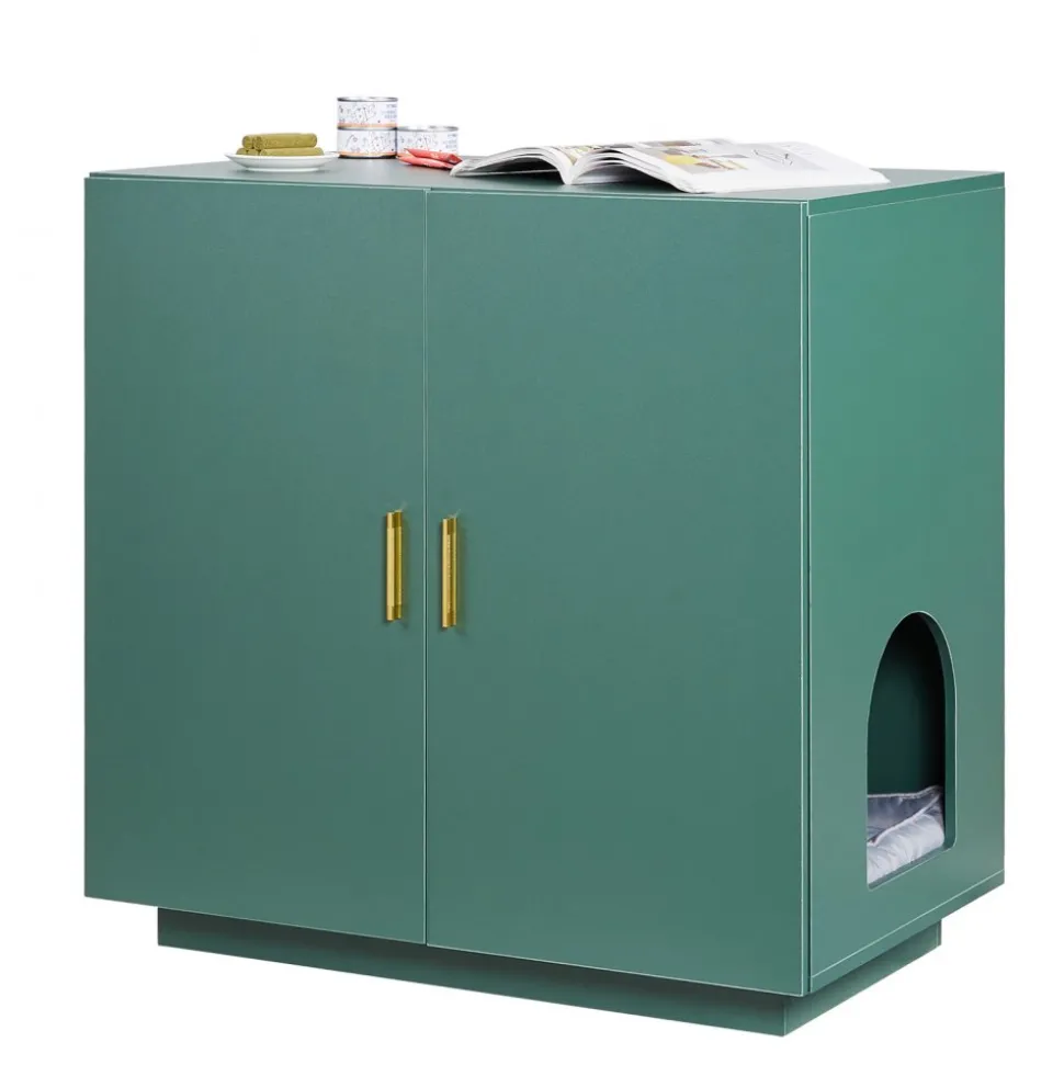 VEVOR Cat Litter Box Enclosure, 31.5 in Hidden Litter Box Cabinet, Wooden Indoor Cat Washroom with Ventilated Holes, Double-Door Kitty Pet House Furniture, End Side Table Fit Most Litterboxes